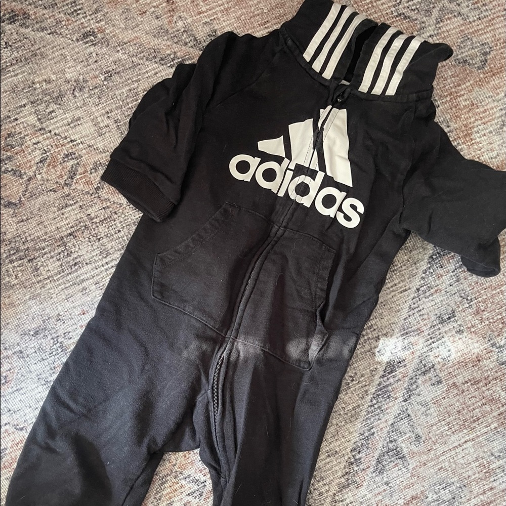 Adidas black one piece zip hooded romper boys 12m